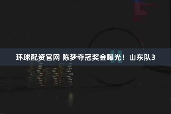 环球配资官网 陈梦夺冠奖金曝光！山东队3